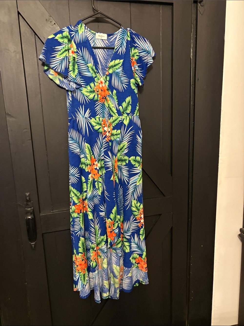 Blue Floral Tropical Maxi Dress - Vibrant Orange & Green Print